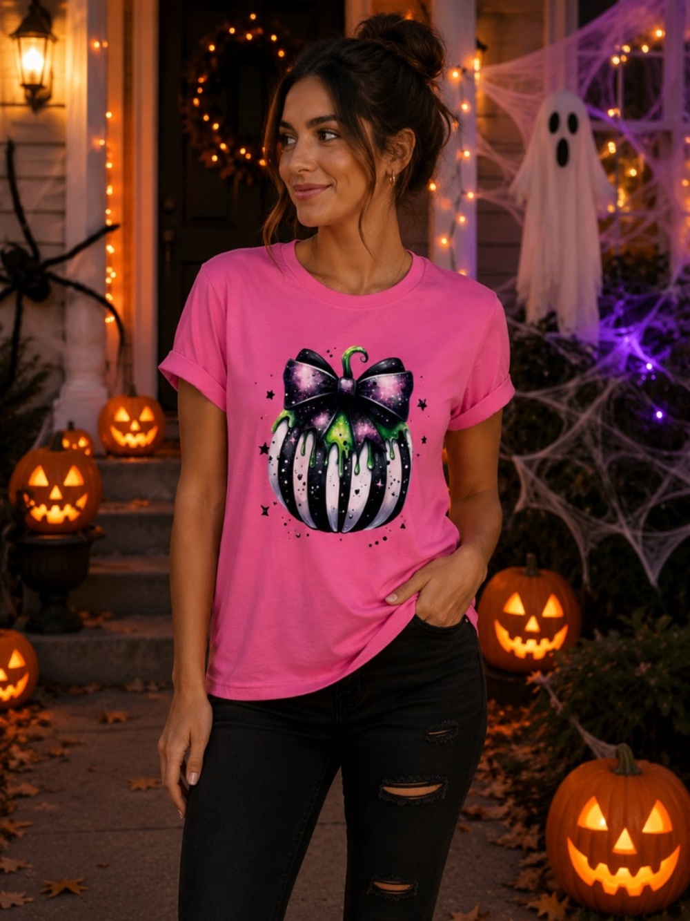 Pink Halloween Pumpkin Bow Graphic Tee - M